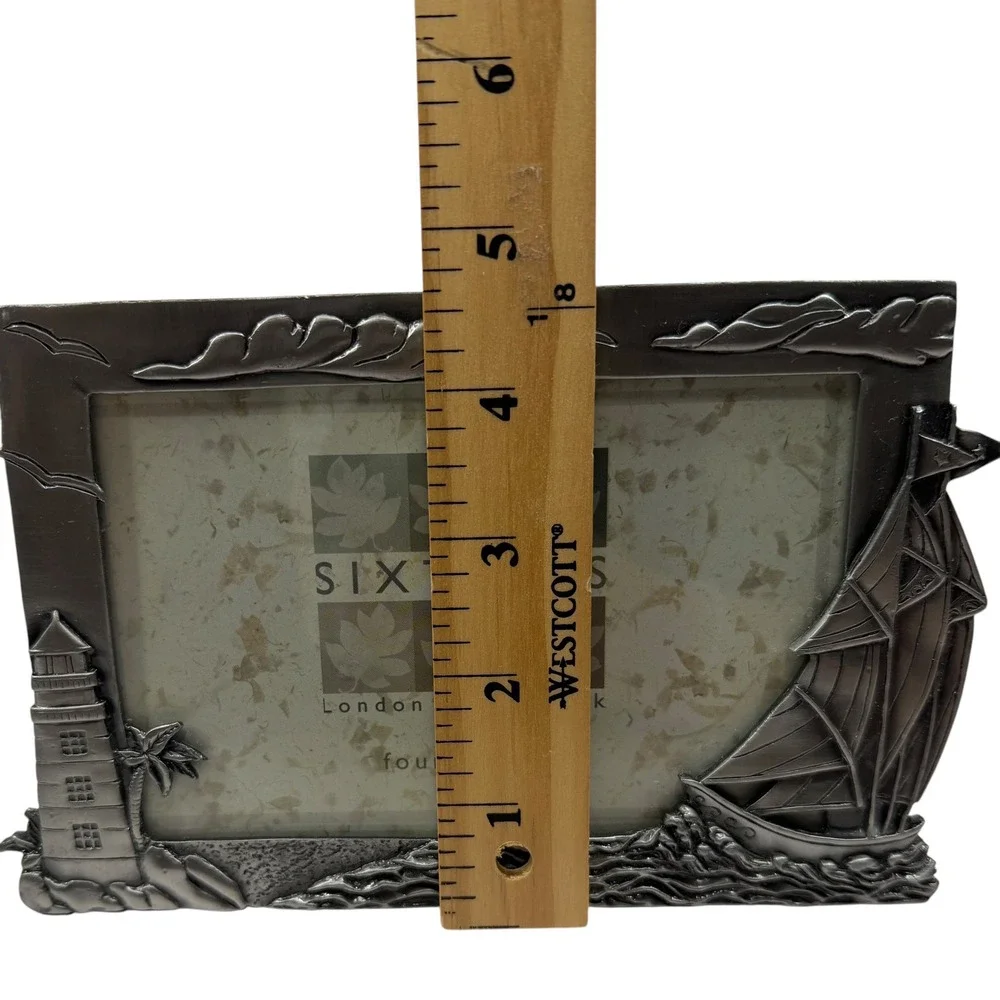 Sixtrees Nautical Pewter Tone 4x6 Picture Frame Lighthouse Sailboat Coastal
